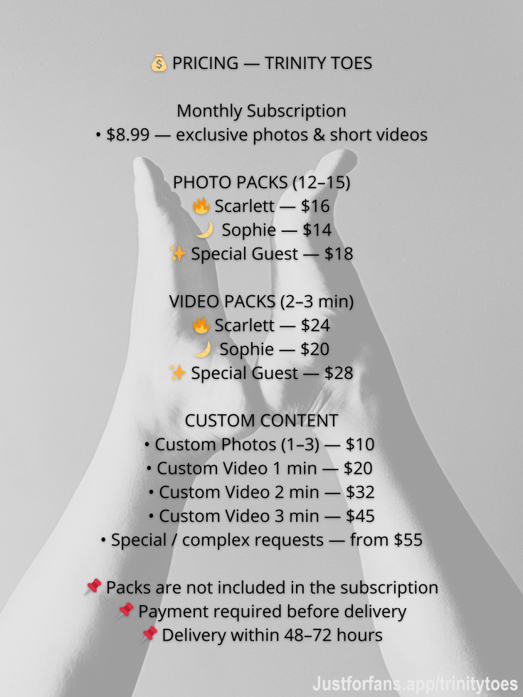 Transparent pricing for premium content.
Exclusive photos, videos and custom requests.
Quality, intensity and professionalism.